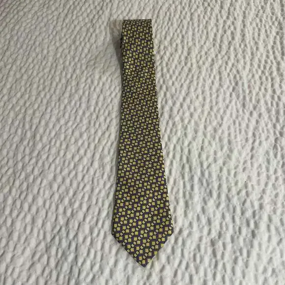 HERMÈS PARIS 630 TA Yellow Gray Links Chains Pointed French Tie Hermes 100% Silk